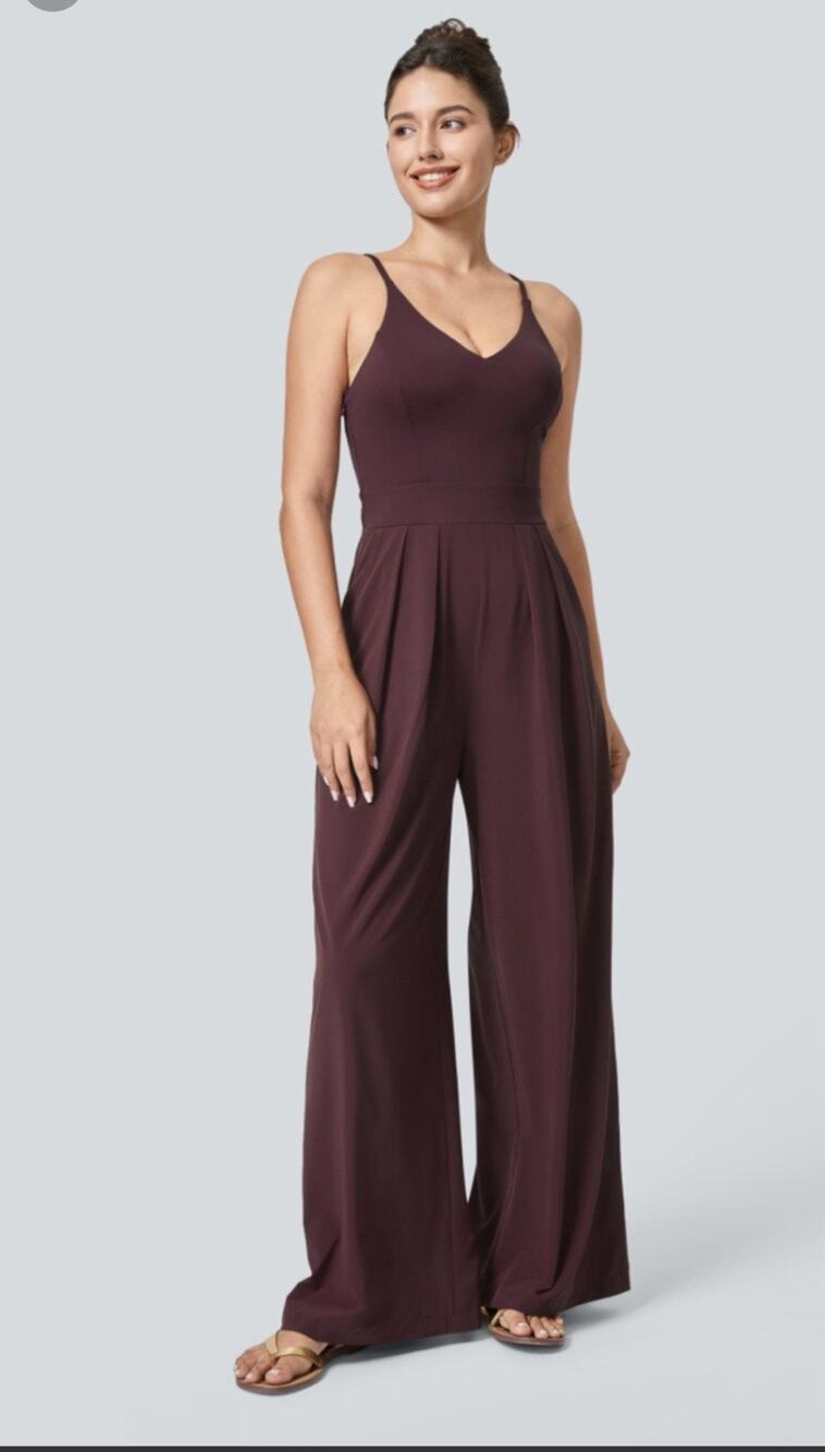 Halara M Petite Burgundy Breezeful Jumpsuit Spaghetti Straps Quick Dry Zip Side